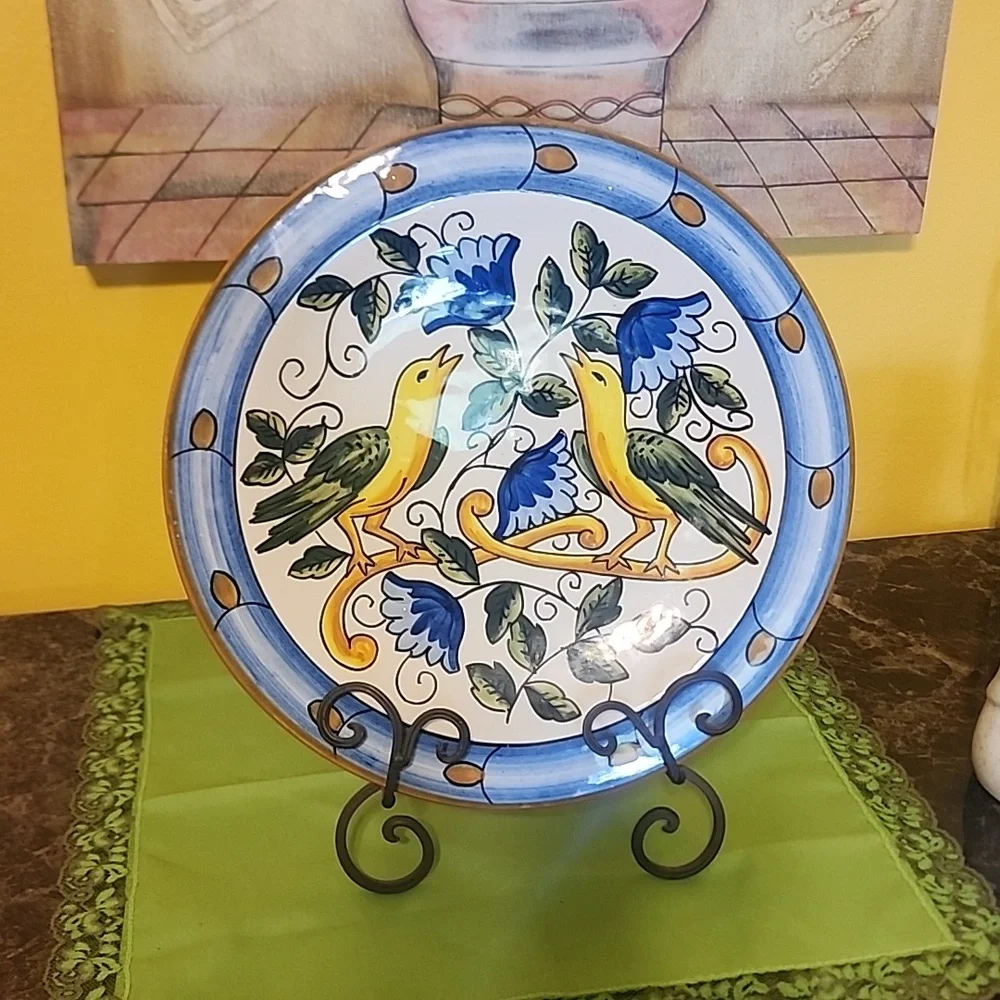 Hand-Painted Ceramic Wall Plate in Blue, Yellow & Green